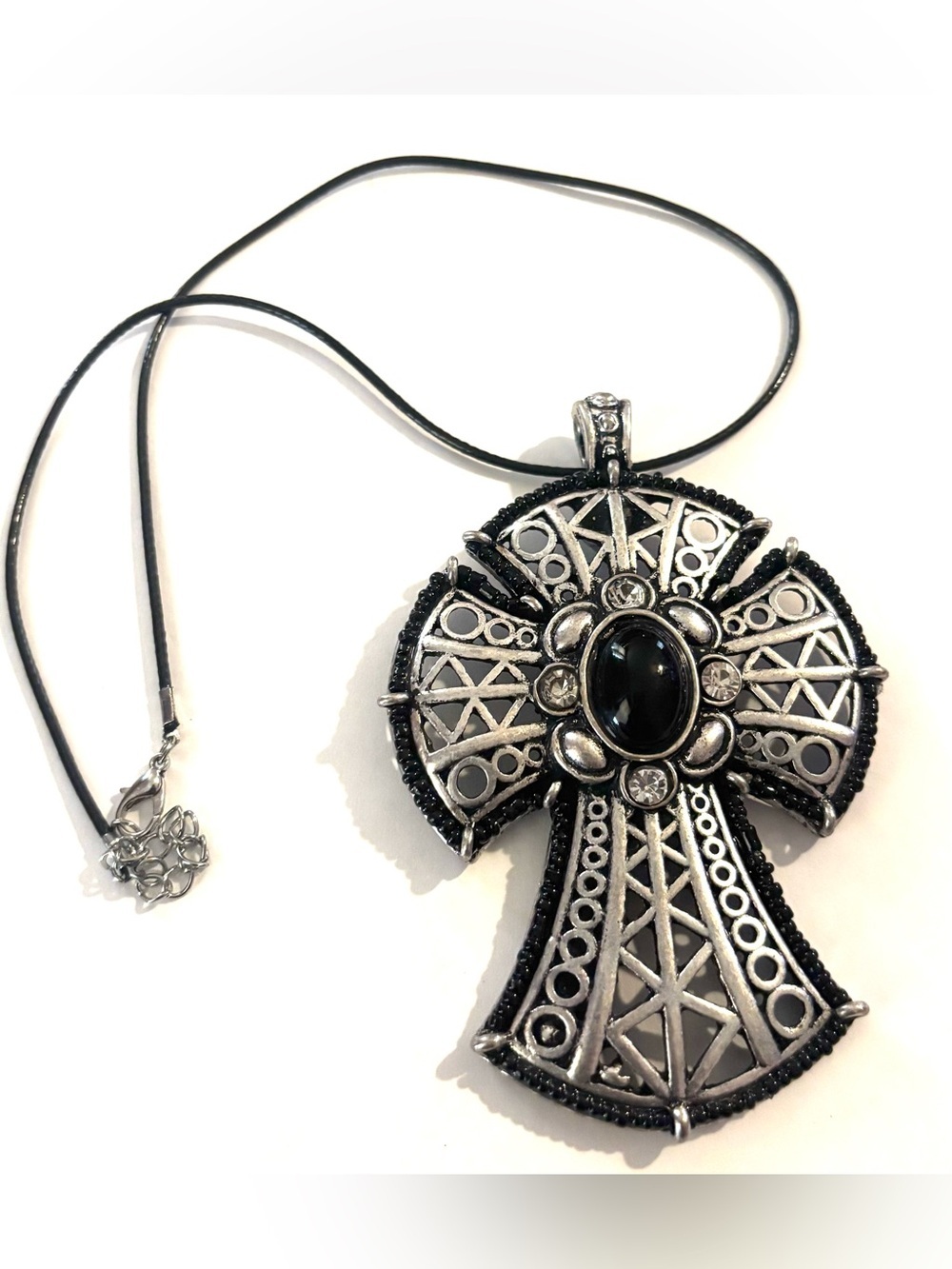 Vintage Black and Silver Cross Pendant Necklace - Women Jewelry